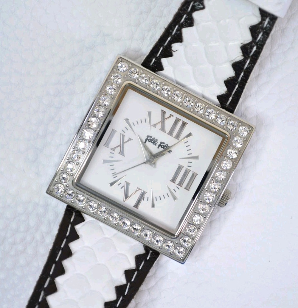 Folli Follie Women’s Square Crystal Bezel Watch – White Strap, Roman Numerals